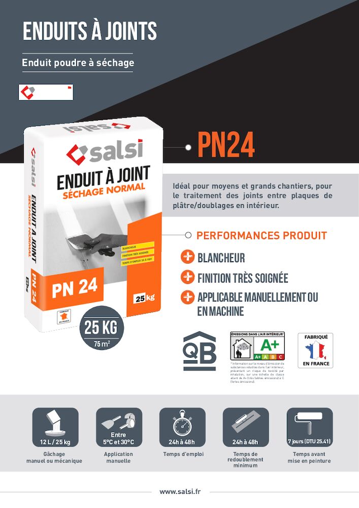 SALSI Enduit poudre à séchage PN24 - Salsi, spécialiste des enduits plâtre